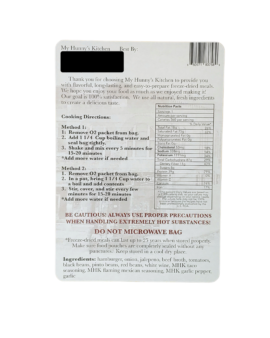 Chili - Freeze Dried Meal