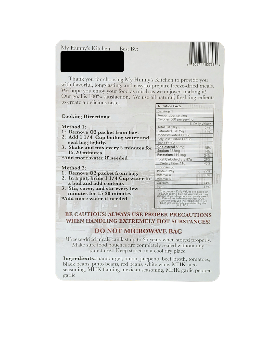 Chili - Freeze Dried Meal