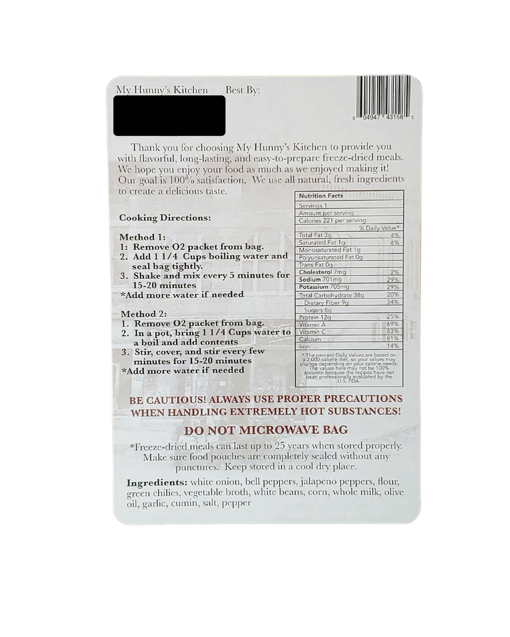 White Bean Chili Soup - Freeze Dried Meal