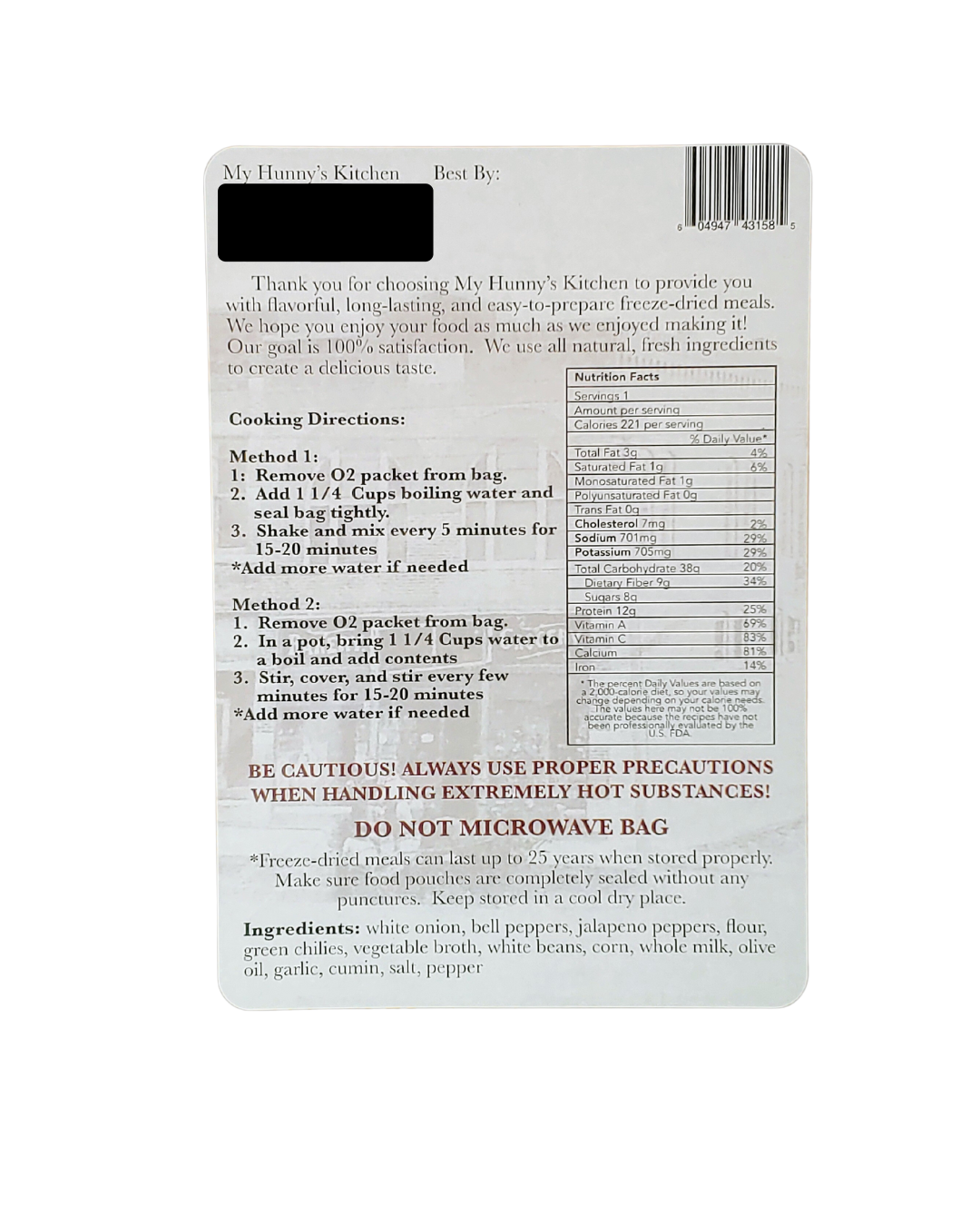 White Bean Chili Soup - Freeze Dried Meal